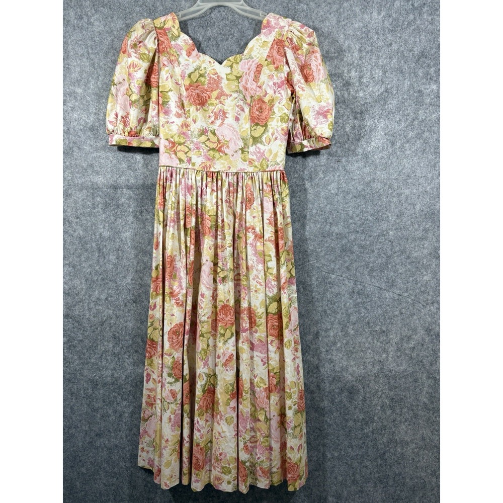 Vintage 80s Laura Ashley Dress UK 10 US 6 Pink Floral Puff Sleeve Bow Prairie